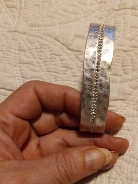 Source Unknown Silver-Tone Hammered Bangle with Center Crystal Row